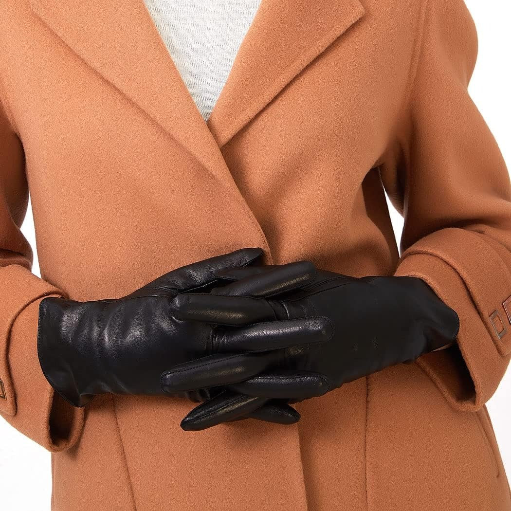 ZLUXURQ Luxury Italian Soft Leather Gloves for Women - Genuine SheepSkin Leather Women’s Cold Weather Gloves Cashmere Lined