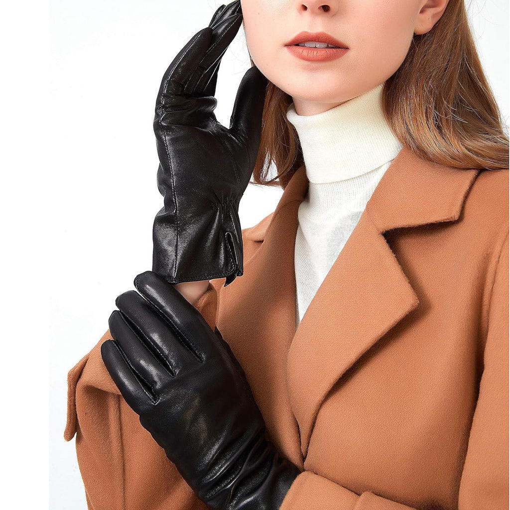 ZLUXURQ Luxury Italian Soft Leather Gloves for Women - Genuine SheepSkin Leather Women’s Cold Weather Gloves Cashmere Lined
