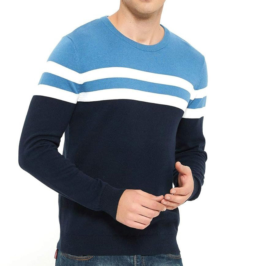 ZLUXURQ Men's Crewneck Long Sleeve Cotton Pullover Soft Color Block Stripes Sweate