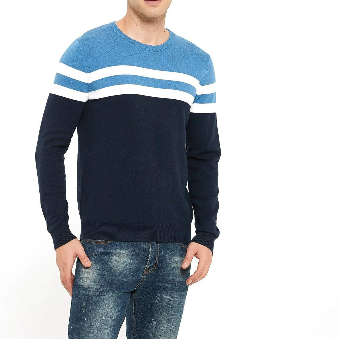 ZLUXURQ Men's Crewneck Long Sleeve Cotton Pullover Soft Color Block Stripes Sweate