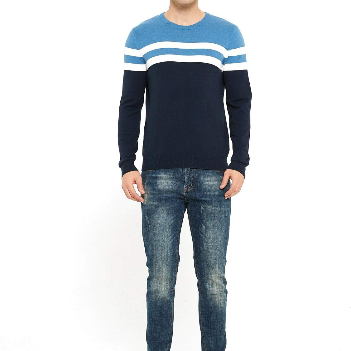 ZLUXURQ Men's Crewneck Long Sleeve Cotton Pullover Soft Color Block Stripes Sweate