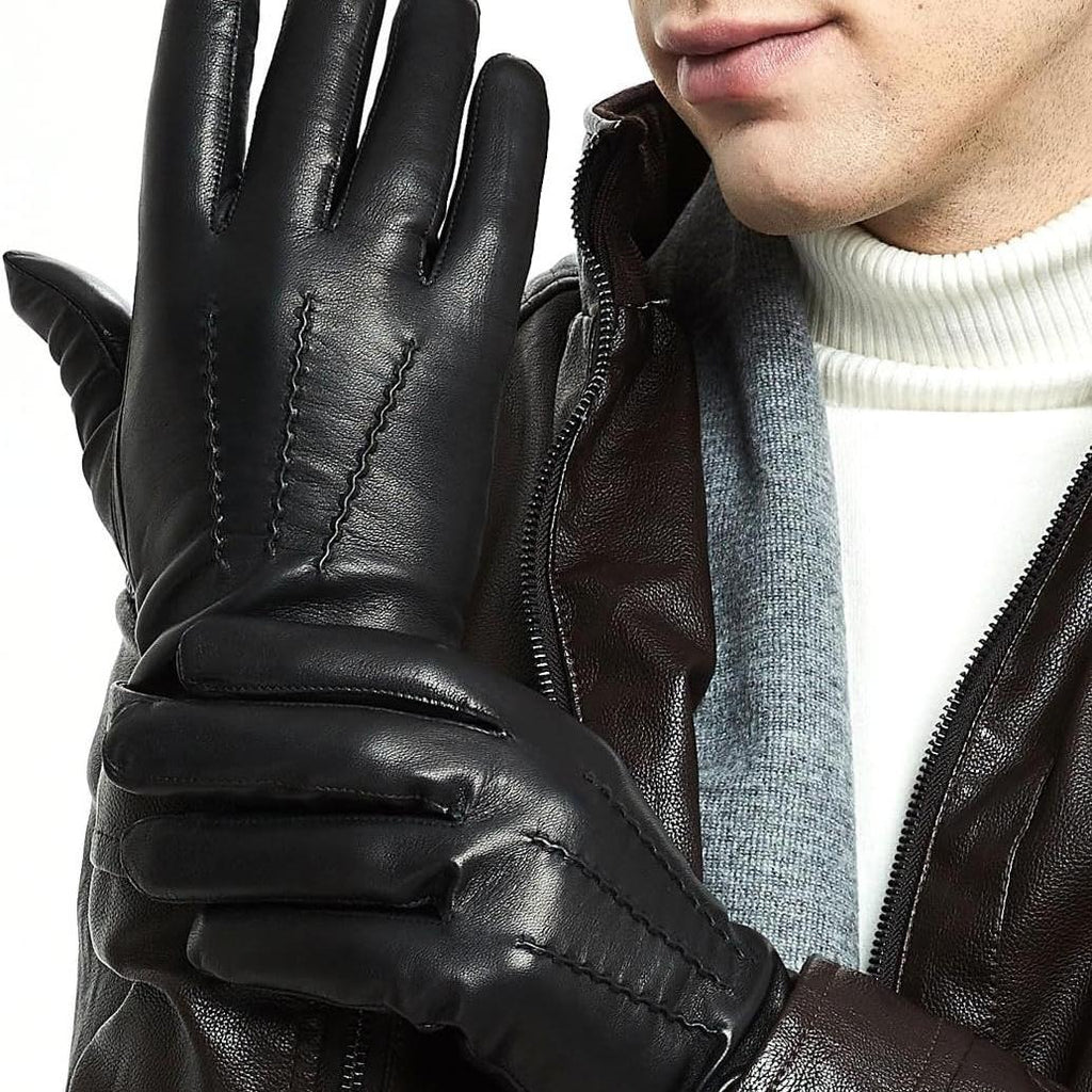 ZLUXURQ Luxury Mens Leather Gloves Cashmere Lined-Soft Comfortable Lambskin Touchsreen