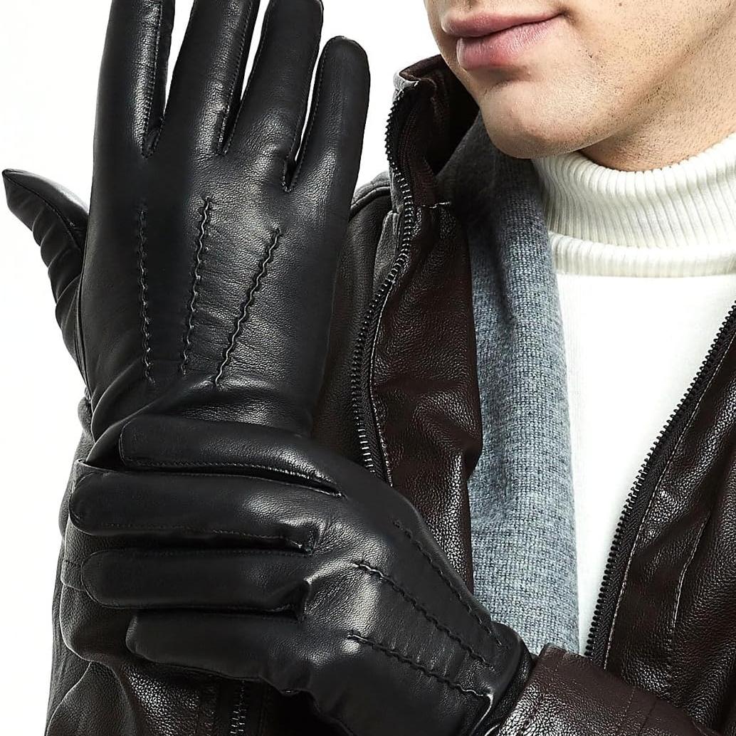 ZLUXURQ Luxury Mens Leather Gloves Cashmere Lined-Soft Comfortable Lambskin Touchsreen