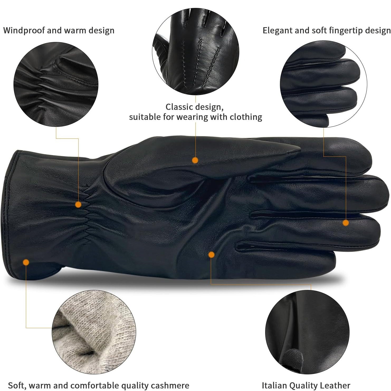 ZLUXURQ Luxury Mens Leather Gloves Cashmere Lined-Soft Comfortable Lambskin Touchsreen