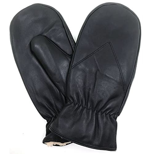 ZLUXURQ Mens Lambskin Leather Mittens Gloves Thick Fleece Lined